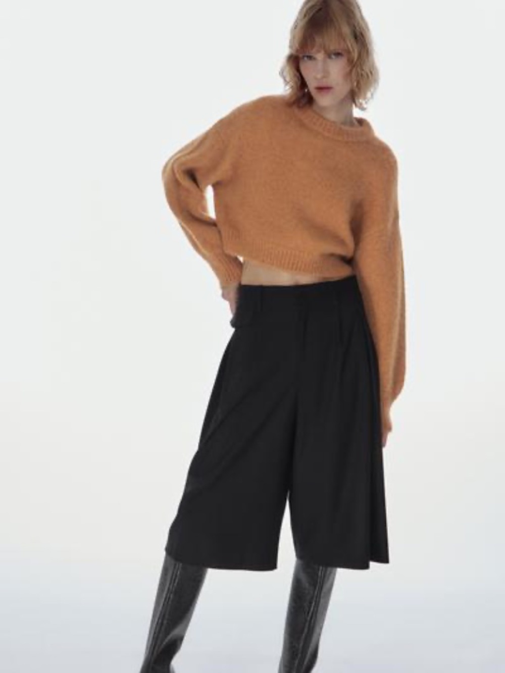 ZARA Women's Cropped Knit Sweater With Balloon Sleeves Taupe Brown - Size Small